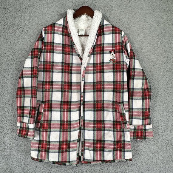 Disney Parks Christmas Size M Minnie Mouse Sherpa Cardigan‎ Jacket Plaid - Picture 1 of 11